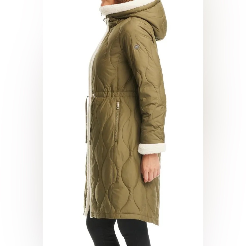 NWT KATE SPADE FAUX SHEARLING TRIM DOWN AND FEATHER FILL LONG COAT OLIVE SIZE XL - Picture 4 of 16